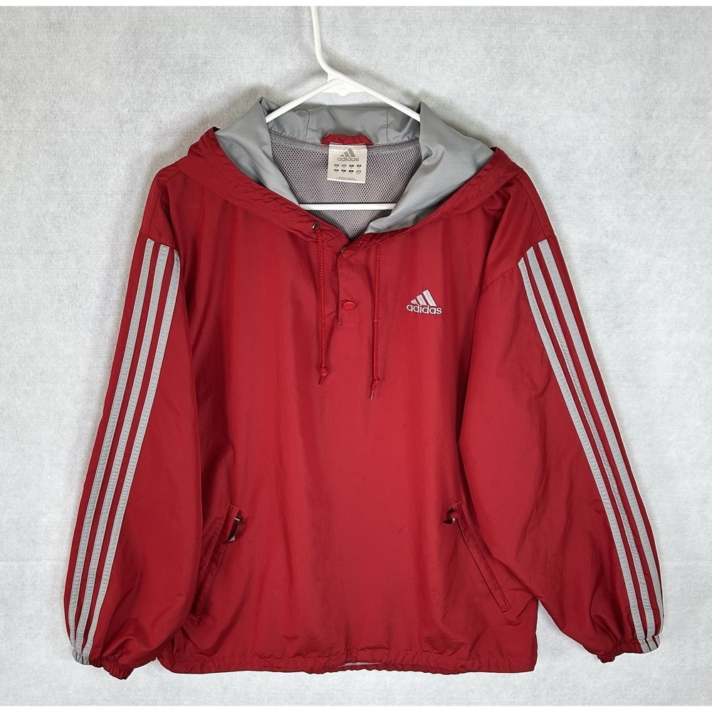 VTG Adidas 1/2 Snap Pullover Hooded Windbreaker -Men's MEDIUM-Red/Grey Stripe